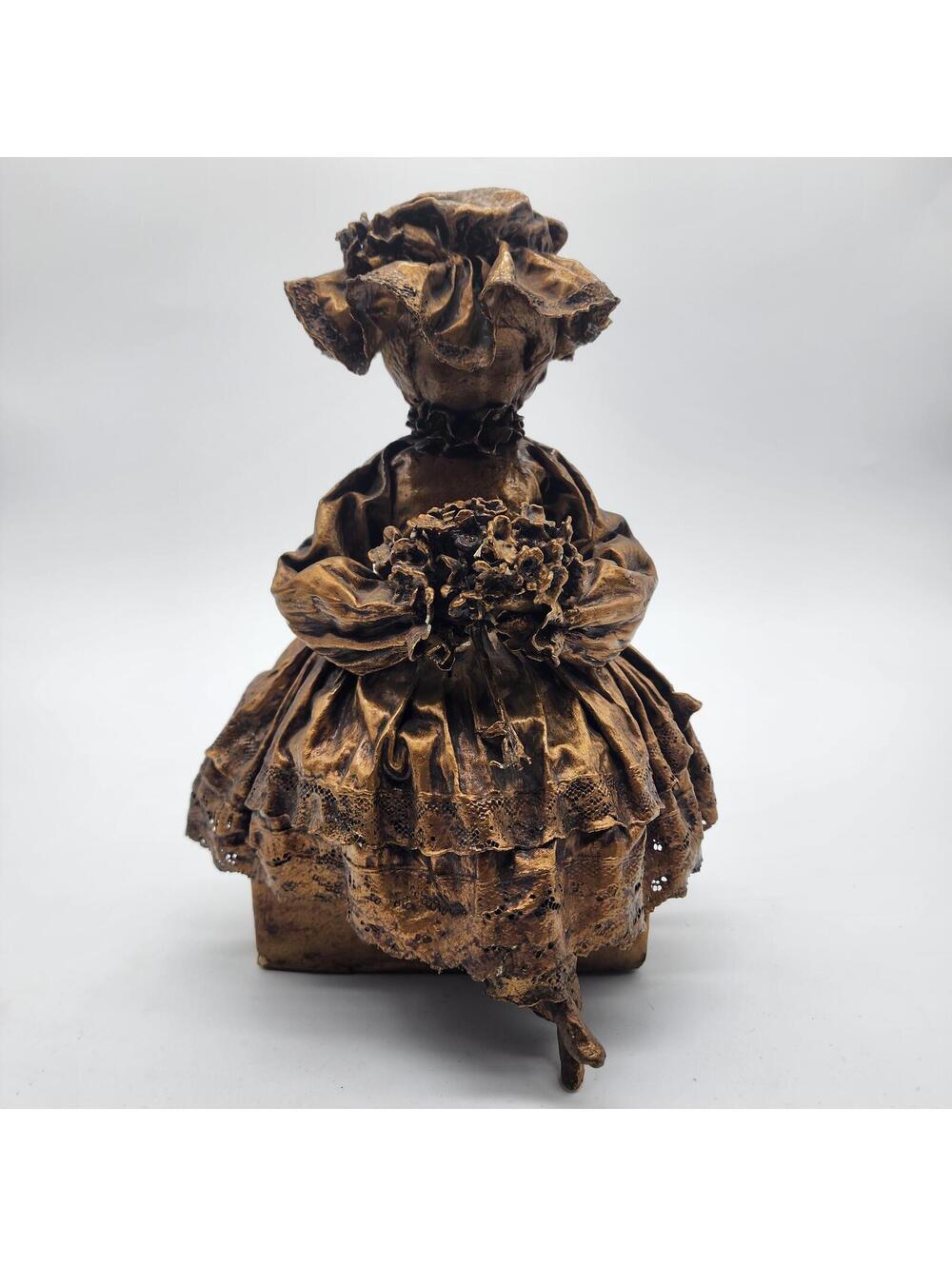 Vintage Paper Mache Victorian Girl Figurine Bronze Finish Folk Art Sculpture 13"